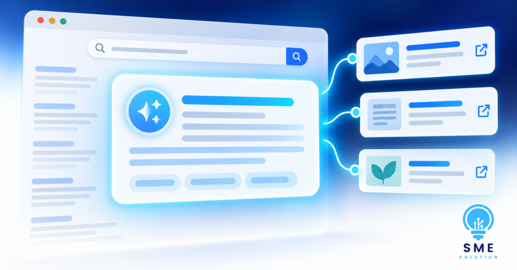 Minh họa AI Overviews tổng hợp câu trả lời và các liên kết nguồn trên Google