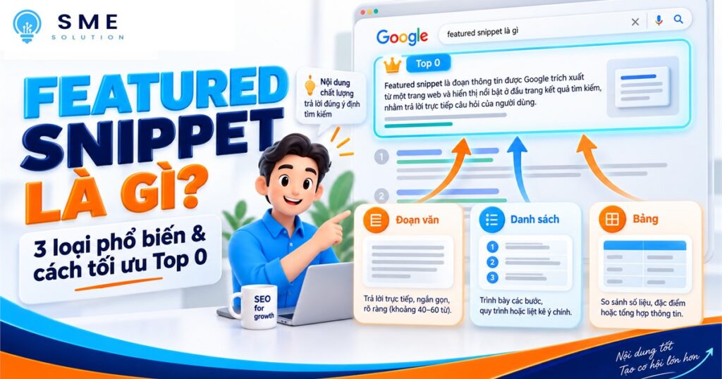 Ba loại featured snippet phổ biến gồm đoạn văn danh sách và bảng