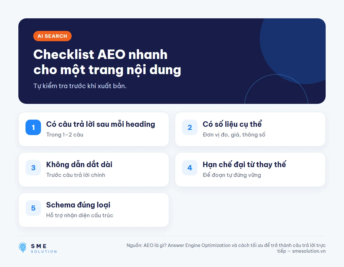 Checklist AEO nhanh cho một trang nội dung