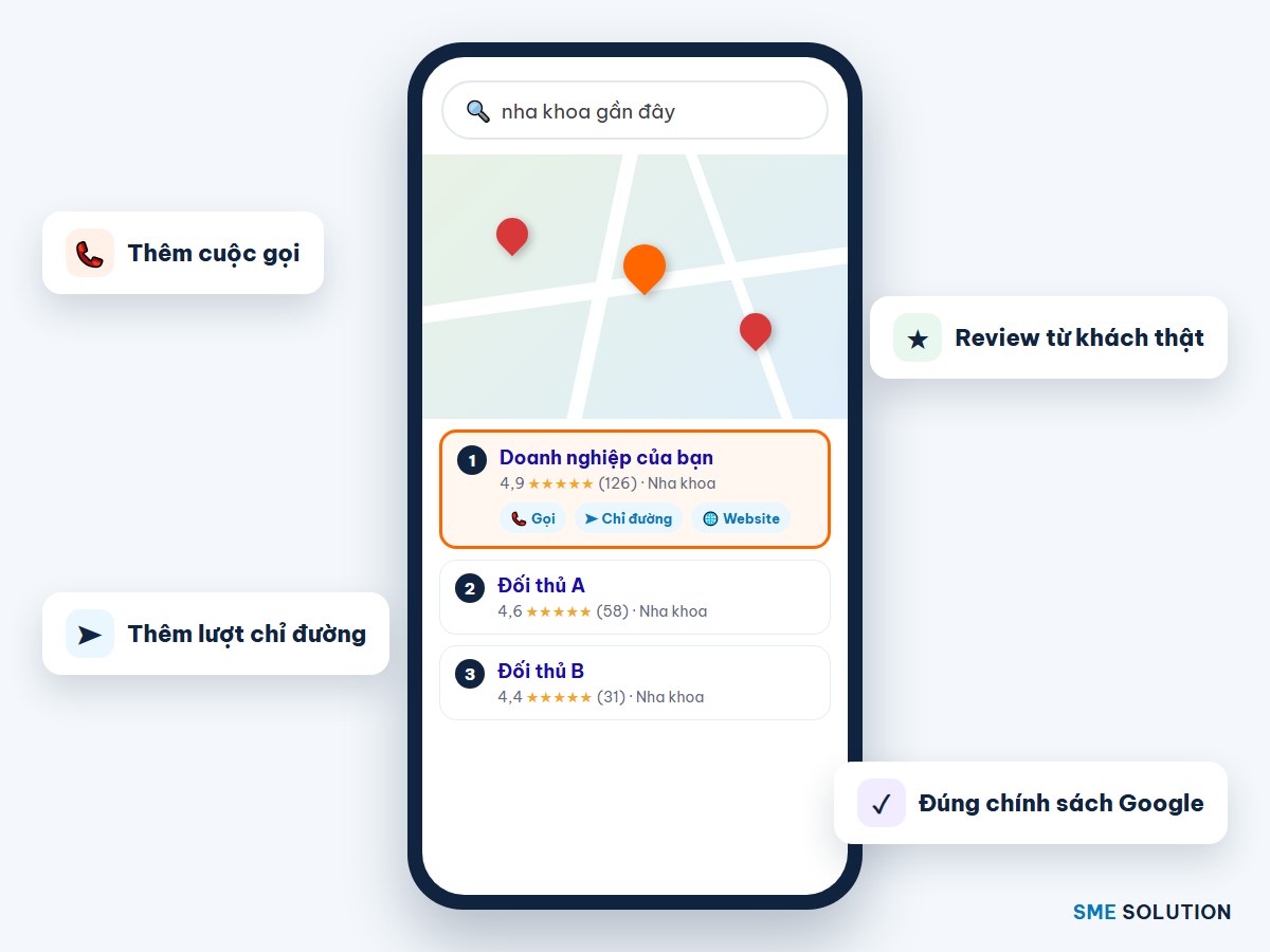 Dịch vụ SEO Google Maps: hồ sơ doanh nghiệp đứng đầu Local Pack, thêm cuộc gọi và lượt chỉ đường