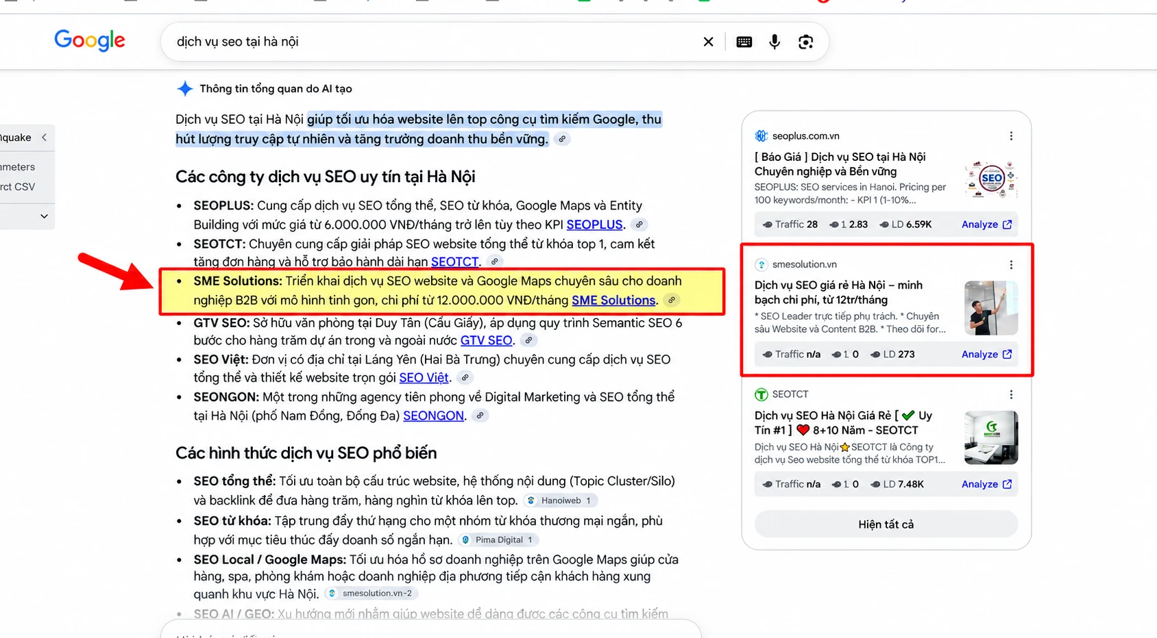 Thông tin tổng quan do AI của Google tạo nêu tên SME Solutions trong các công ty dịch vụ SEO uy tín tại Hà Nội