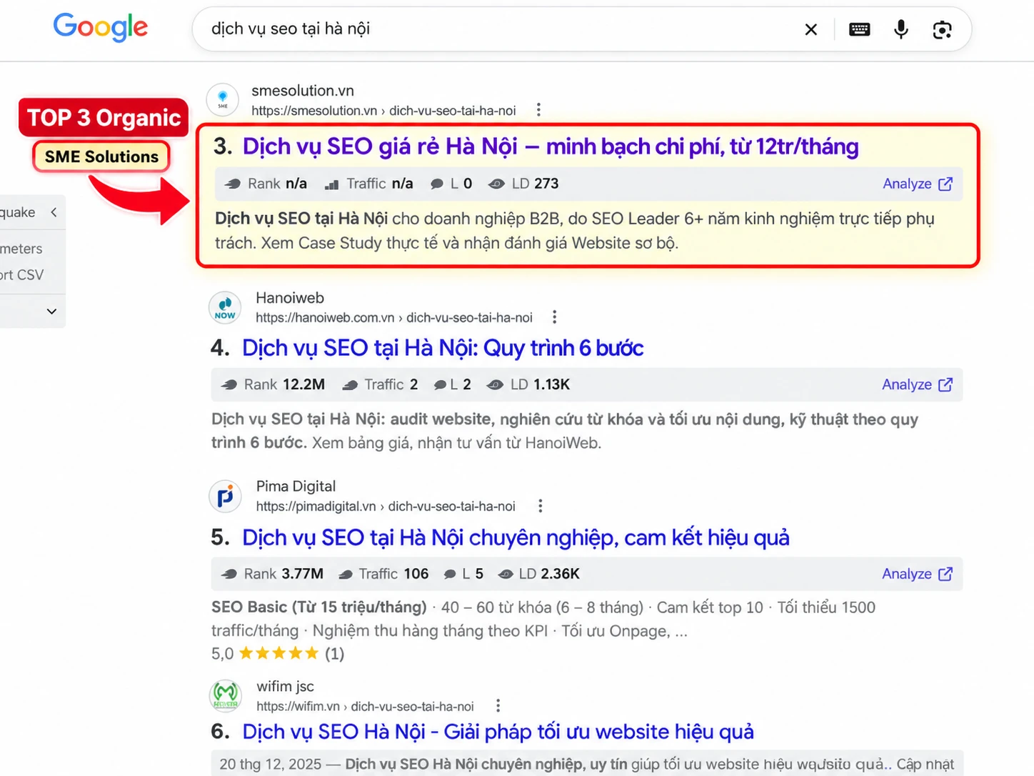 Dịch vụ SEO tại Hà Nội: SME Solutions đứng top 3 kết quả tự nhiên Google cho từ khóa dịch vụ seo tại hà nội