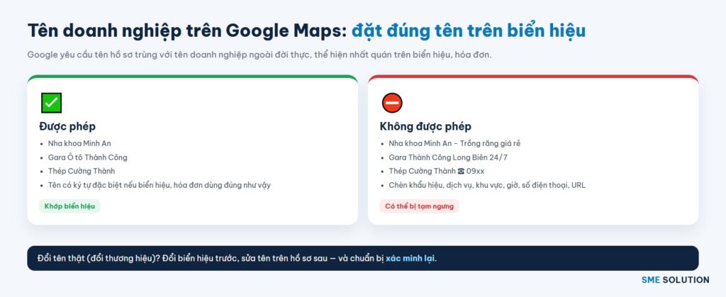 Đổi tên doanh nghiệp trên Google Maps: tên đúng biển hiệu và tên nhồi từ khóa bị cấm